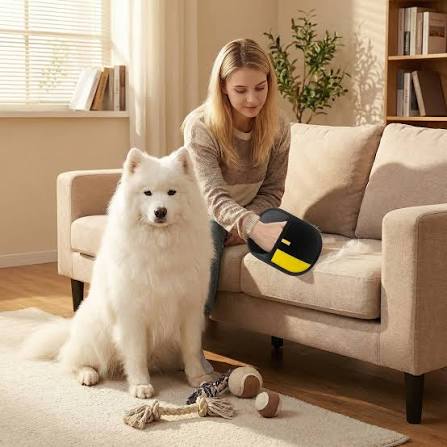 Woman grooming a white dog with pet hair removal gloves