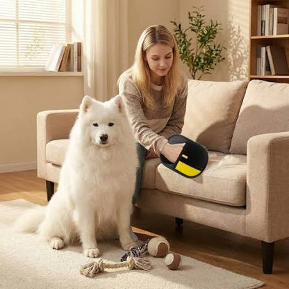 Woman grooming a white dog with pet hair removal gloves